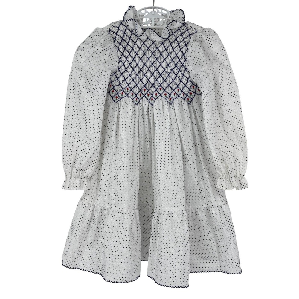 vintage Polly Flinders Smocked Dress White Navy Polka Dot Size‎ 6 80s 1980s